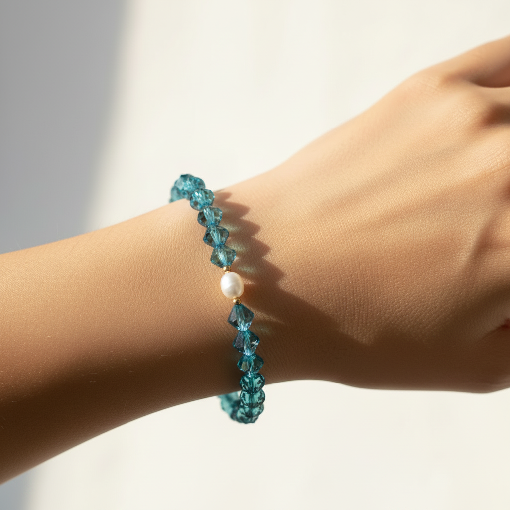 The Avery Bracelet on Wrist - Wrist is shown with an unique blue bead bracelet.