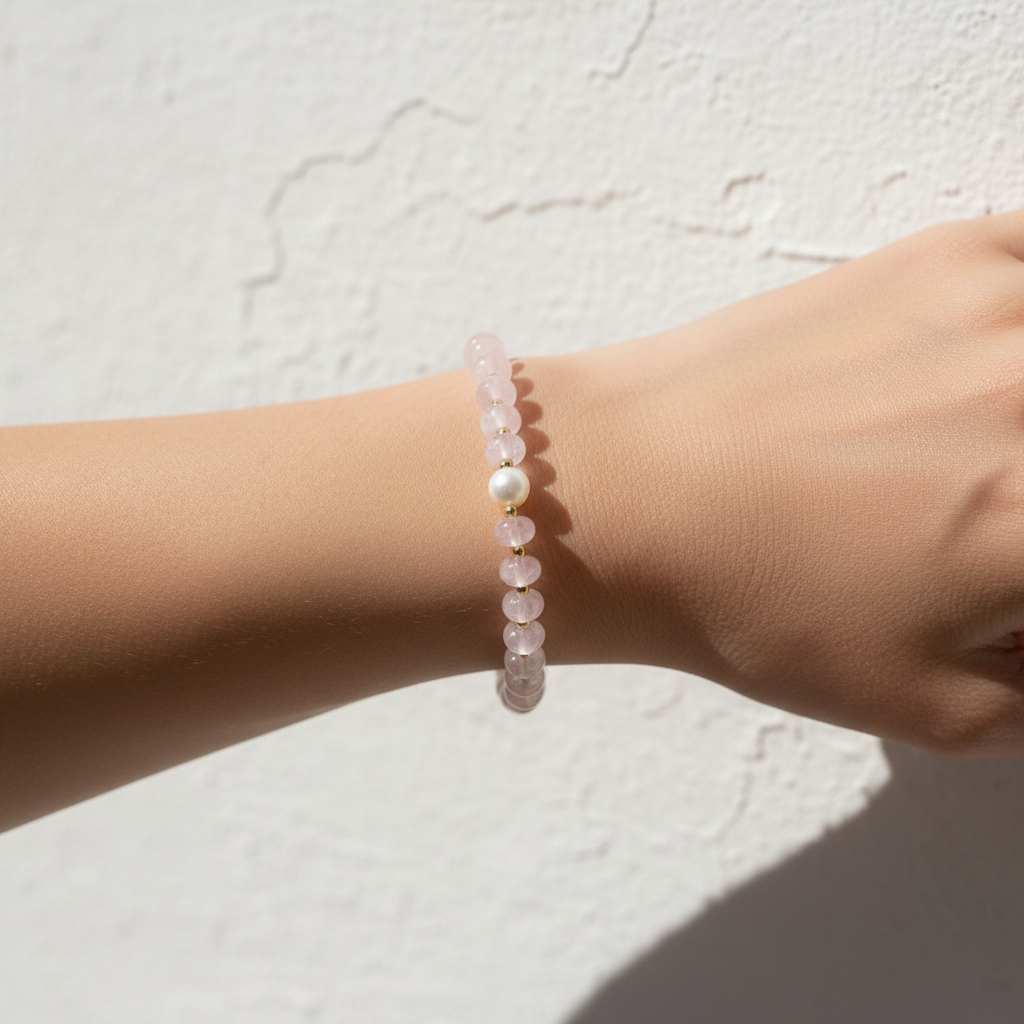 The Blythe Bracelet Wrist Shot. Background is texture white, sitting front in center is a female arm/wrist. Light Pink Rondelle Beads surrounded by gold filled beads and a fresh water pearl in the center sits on the wrist.