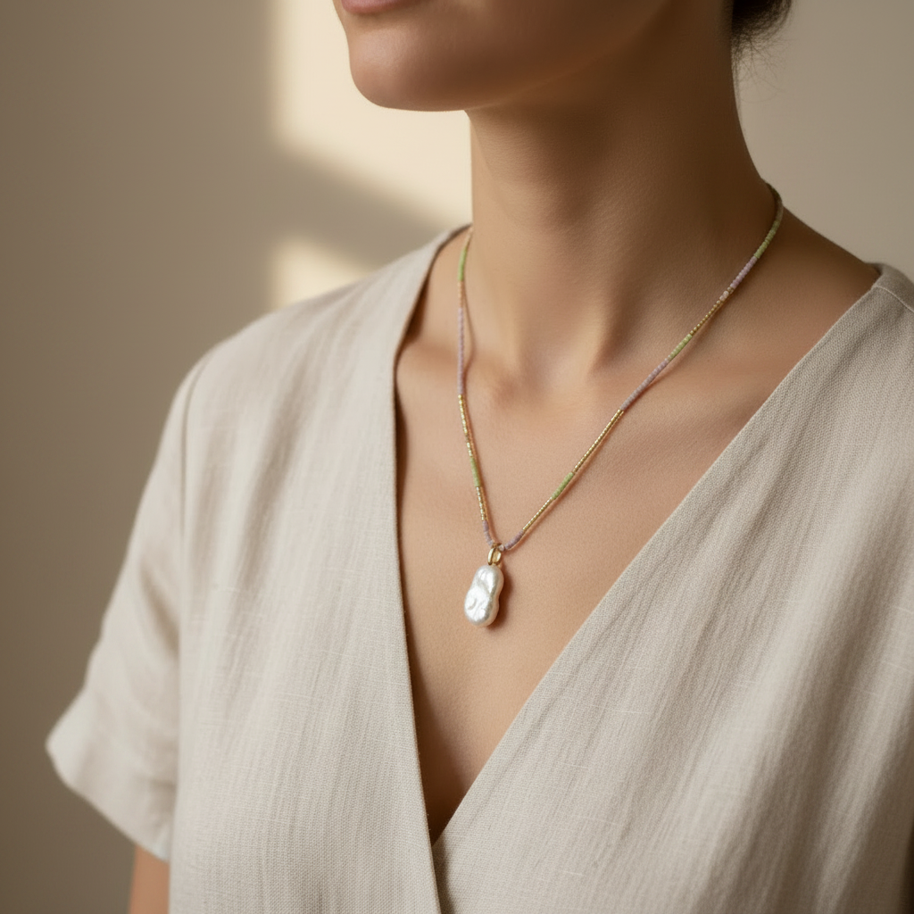 The Della Necklace - is sitting on a female. The charm is a fresh water pearl and dangles of the seed beads