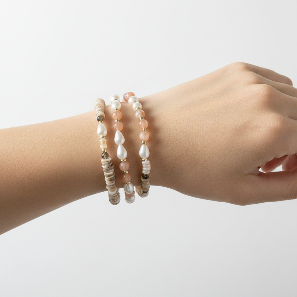 The Jules Bracelet wrist shot. a close up of 3 bracelets in various gemstones, pearls and looks.