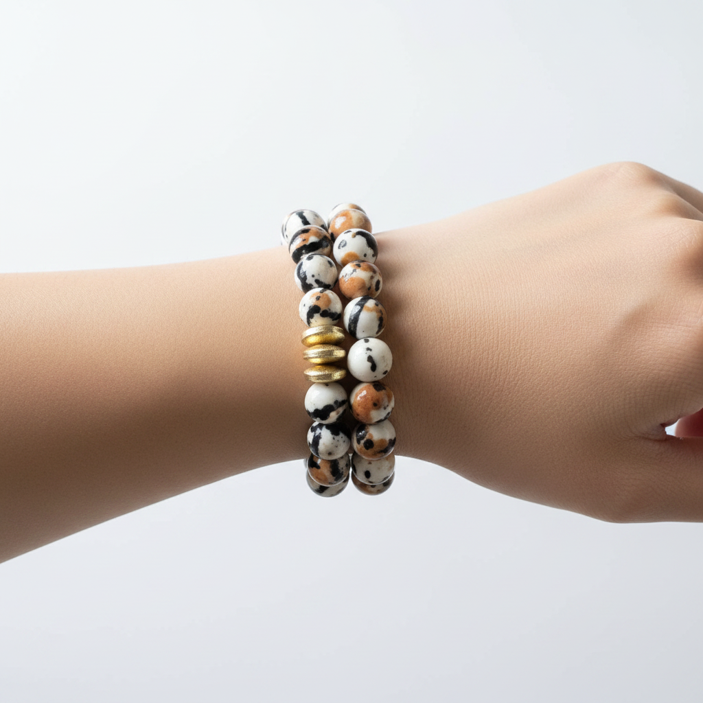 The Reva Bracelet on wrist shot. This is a close up a female wrist. Two bracelets on the arm. Both the same jasper beads white background with hints of black and brown. The one bracelet is a palin with no accents, the other is 3 rondelle gold spacers in front. 