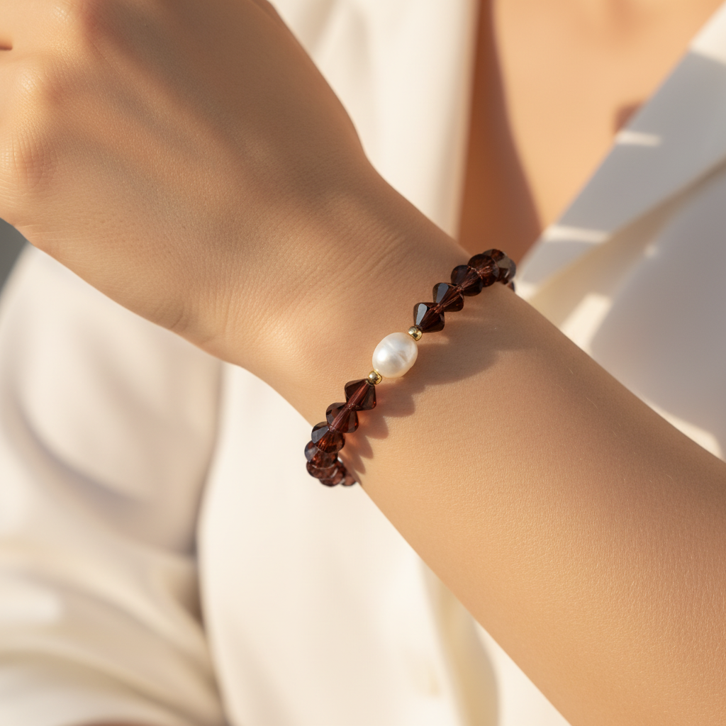 The Rosalind Bracelet on Wrist. This is a female wrist/arm of a gorgeous unique maroon bead with a fresh water pearl in the center, surrounded by gold filled beads.