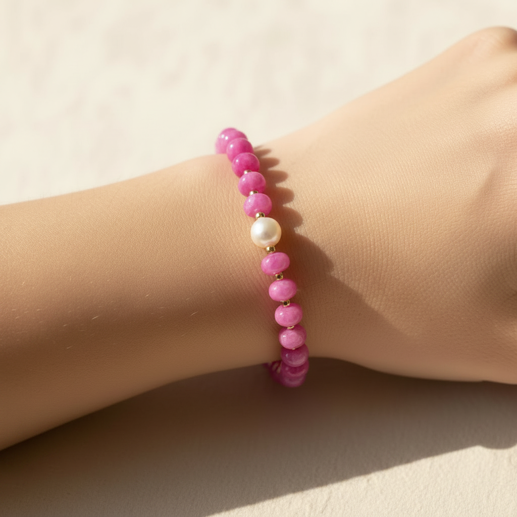 The Sadie Bracelet on wrist. This bracelet is a beautiful pink shade with rondelle beads. It has gold filled beads between each bead and a fresh water pearl. It is a close up sitting on a wrist.