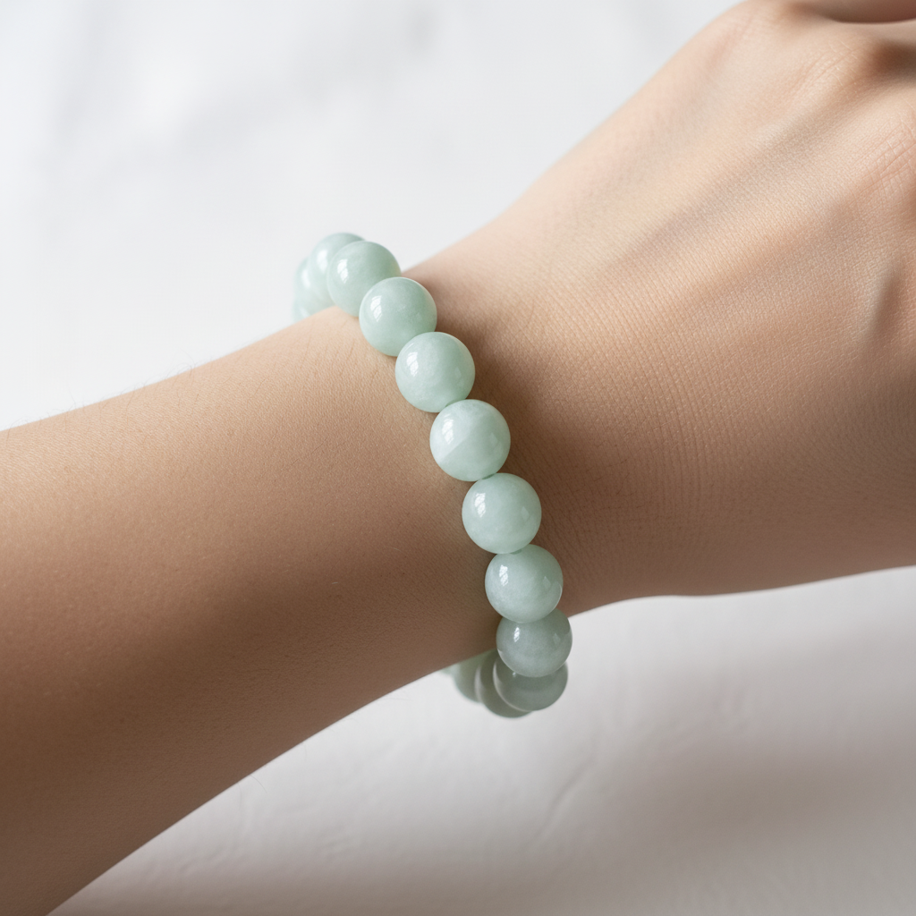 The Seren Bracelet on wrist shot. This shows a close up wrist of a female. The mint swirl of a bead bracelet sitting on the wrist.