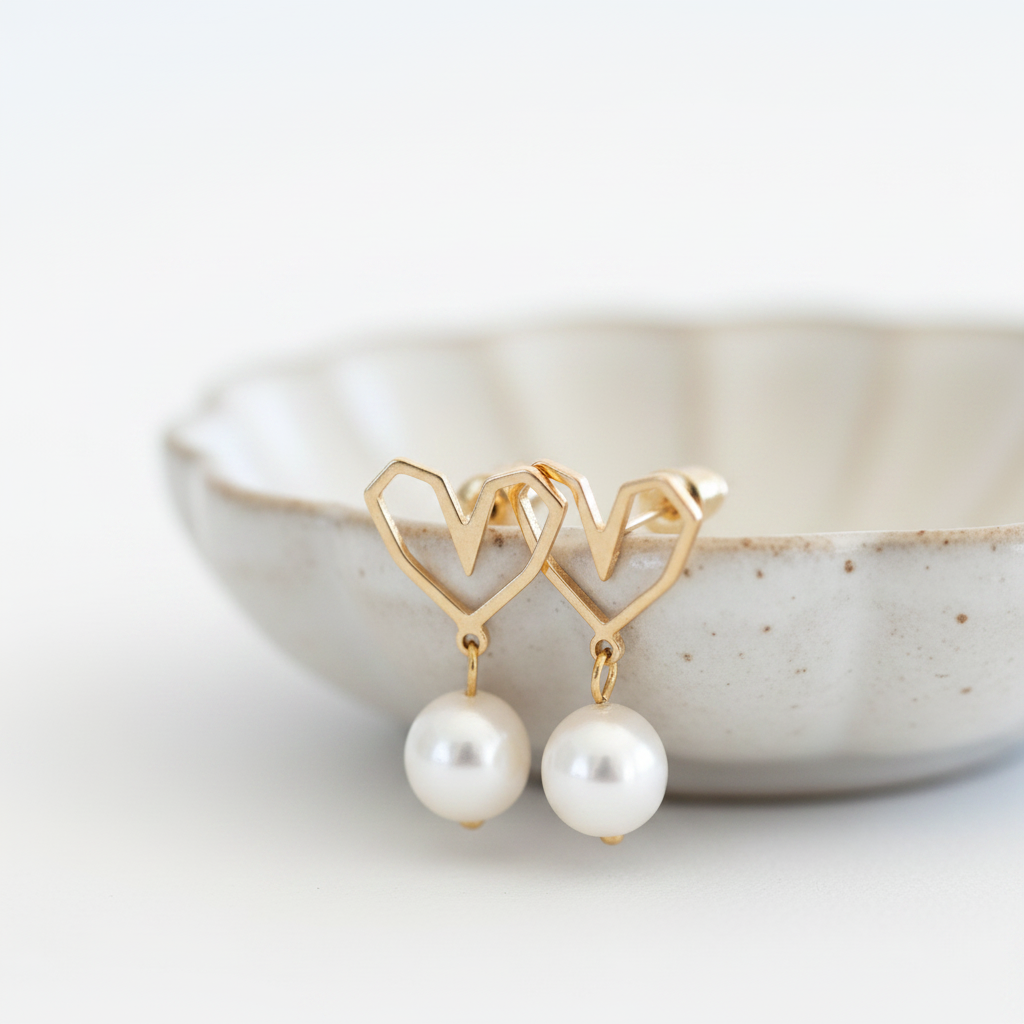 The Valentina Earrings – hollow heart earrings sitting on a ceramic dish, having it hang so you can see the beautiful pearls attachd to the earring.