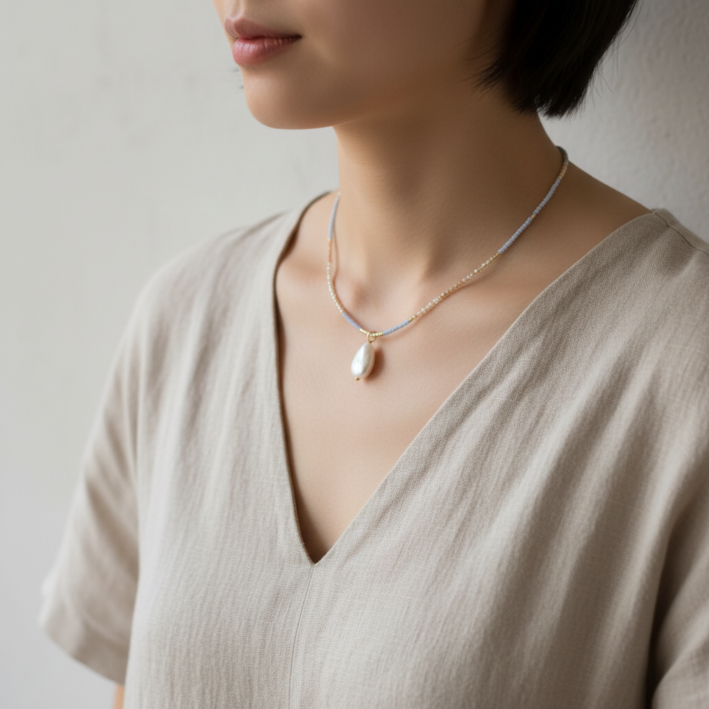 The Veda Necklace - on neck. Close up a female wearing a necklace. Necklace is seed beads with a fresh water pearl charm that hangs in the middle.