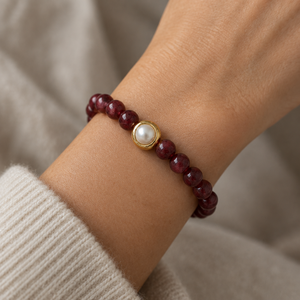 The Veronica Bracelet worn on a wrist. 8mm Red Garnet Jade Bead Bracelet with a Gold And Pearl Accent. Accent has a round pearl with gold surrounding the pearl itself. 