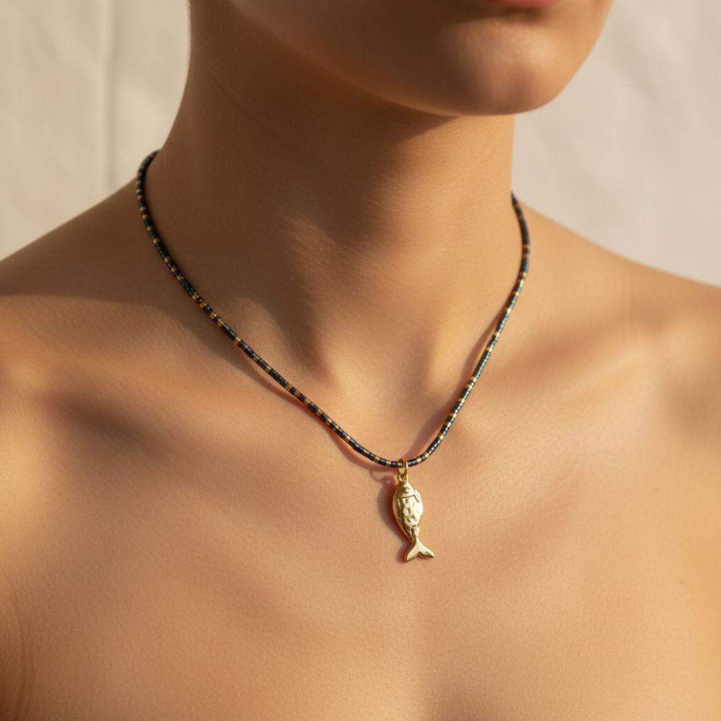 The Zara Necklace – On Neck. Shows a female, close up, necklace is on with a gold fish charm that dangles.